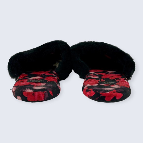 Victoria’s Secret Red Black Floral Rose Black Faux Fur Closed Toe Slipper M - Picture 4 of 8